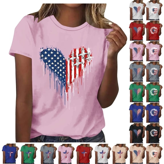 ShiShine American Flag T Shirt For Women 4th Of July Graphic Tee Patriotic Flower Print Short Sleeve Summer Tops Independence Day Shirt