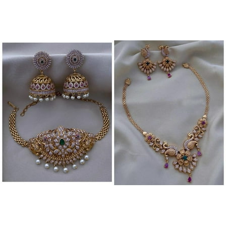 Indian Bollywood Gold Plated Long Necklace Bridal Choker Short Necklace Party Jewelry Set with Jhumka Earrings - Set of 2
