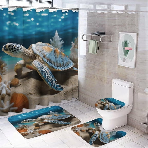 Bathroom Set, Sea Conch Shell Starfish Turtle Printed Bathroom Set,Bathroom Set 4-Piece Set,Bathroom Set with Shower Curtain Sets  and Carpet