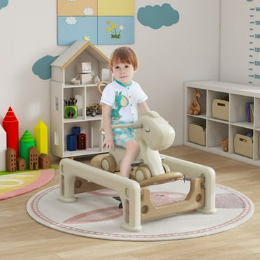 Qaba 5 in 1 Rocking Horse for Toddlers 1-6 Years with Detachable Balance Board, Push Handle, Footrest, for Baby Boys and Girls, Cream White