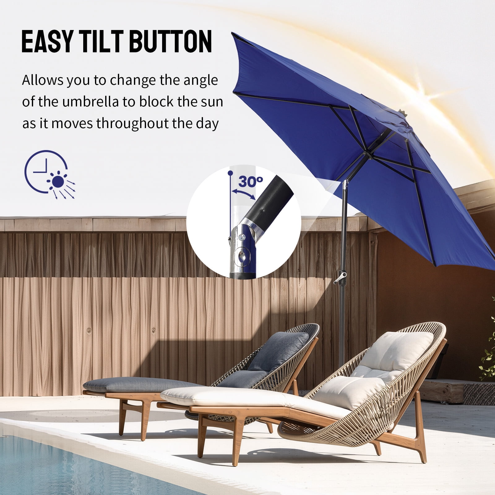 CROWN SHADES 9 Ft Patio Umbrella Polyester Outdoor Umbrella Patented Edge Connection Windproof Design Blue