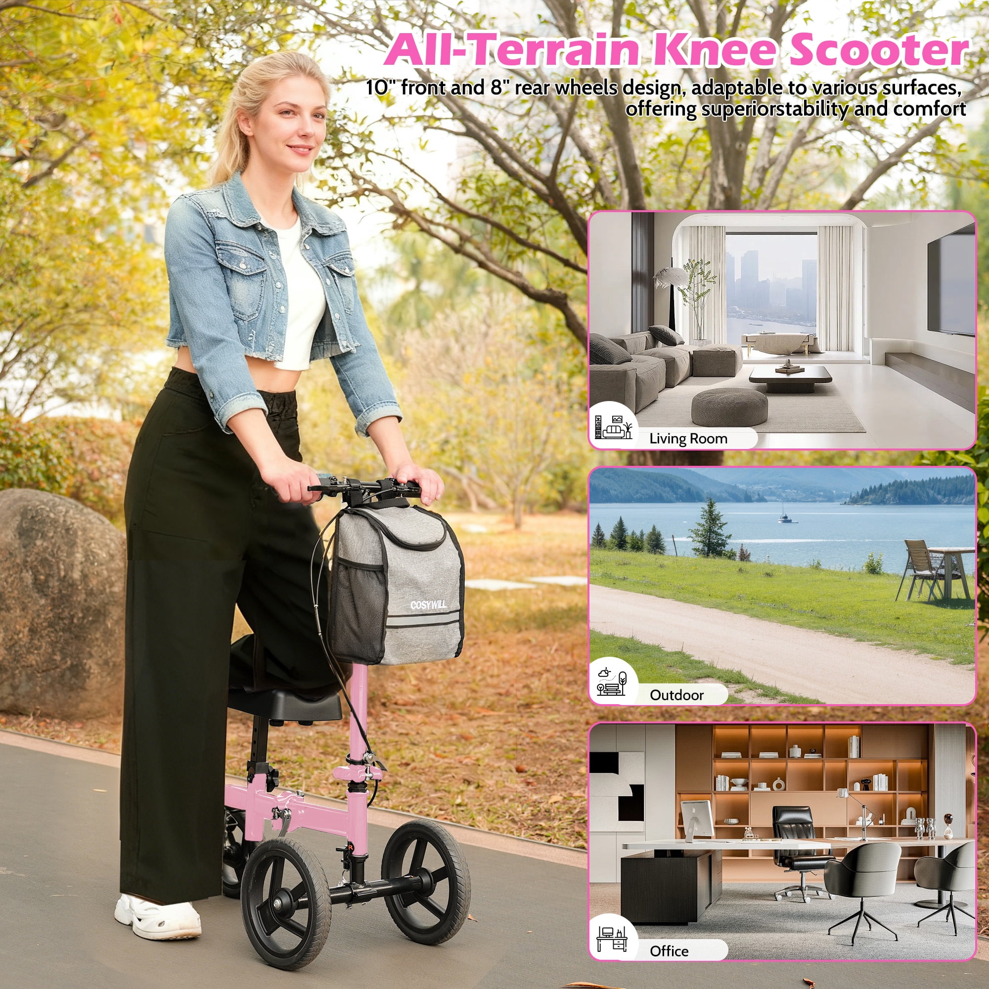 COSYWILL Steerable Knee Scooter,Knee Walker Scooter for Adults with 10" Front Wheels,Foldable Knee Scooter for Foot Surgery Crutches Alternative,Pink