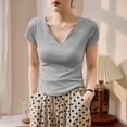thumbnail image 7 of Fashion Olyvenn Women's Summer Ribbed V-Neck Tee Thin Knit Casual Office Top Slim Fit Solid Color Cap Short Sleeve Pullover Gray S, 7 of 7