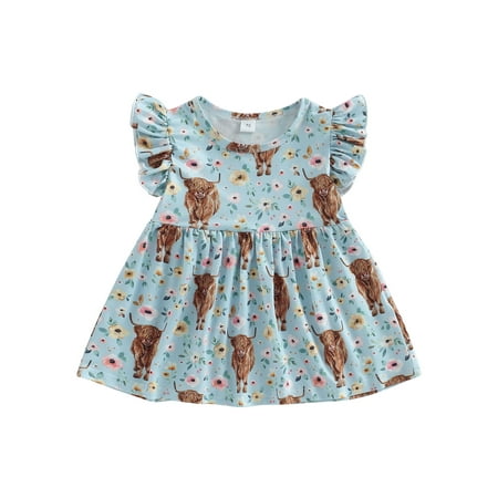 

Licupiee Infant Baby Girl Western Dress Floral Cattle Print Flying Sleeve Dress A-line One Piece Dresses Cowgirl Summer Clothes