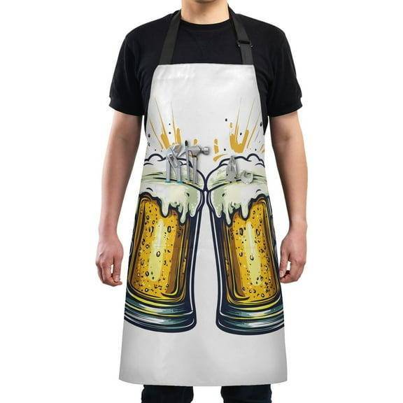 Kitchen Apron with 2 Pockets Adjustable waterproof Cooking Aprons for Women Men Chef Two Hands Clinking Beer Mugs