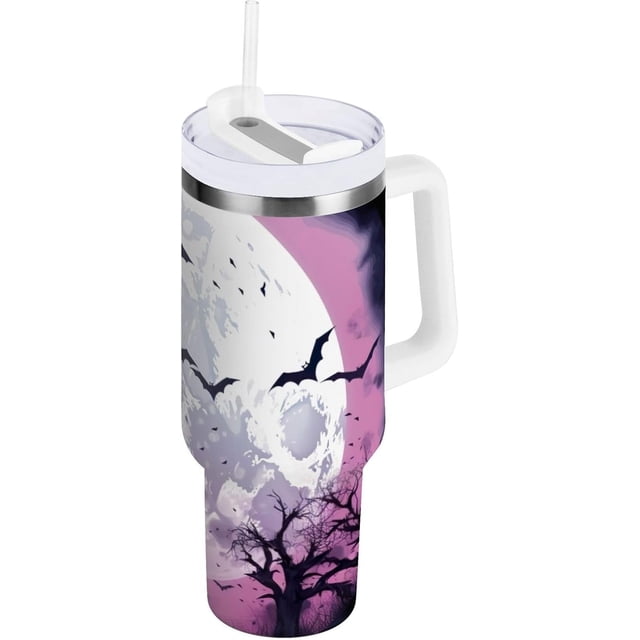 Gobelet de 30 oz avec Poignée et Couvercle à Paille / Tasse Isolée Halloween Lune Chauves-Souris Réutilisable en Acier Inoxydable, Bouteille d'Eau Tasse de Voyage, Garde au Froid pendant 34 Heures Ou au Chaud pendant 10 Heures