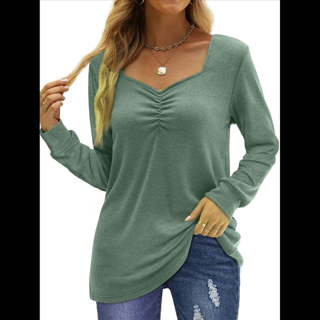 Blusa Elegante Informal con Cuello en Forma de Corazón y Larga para Mujer, Color Liso, Estilo Túnica, Tipo Suéter. Verde L