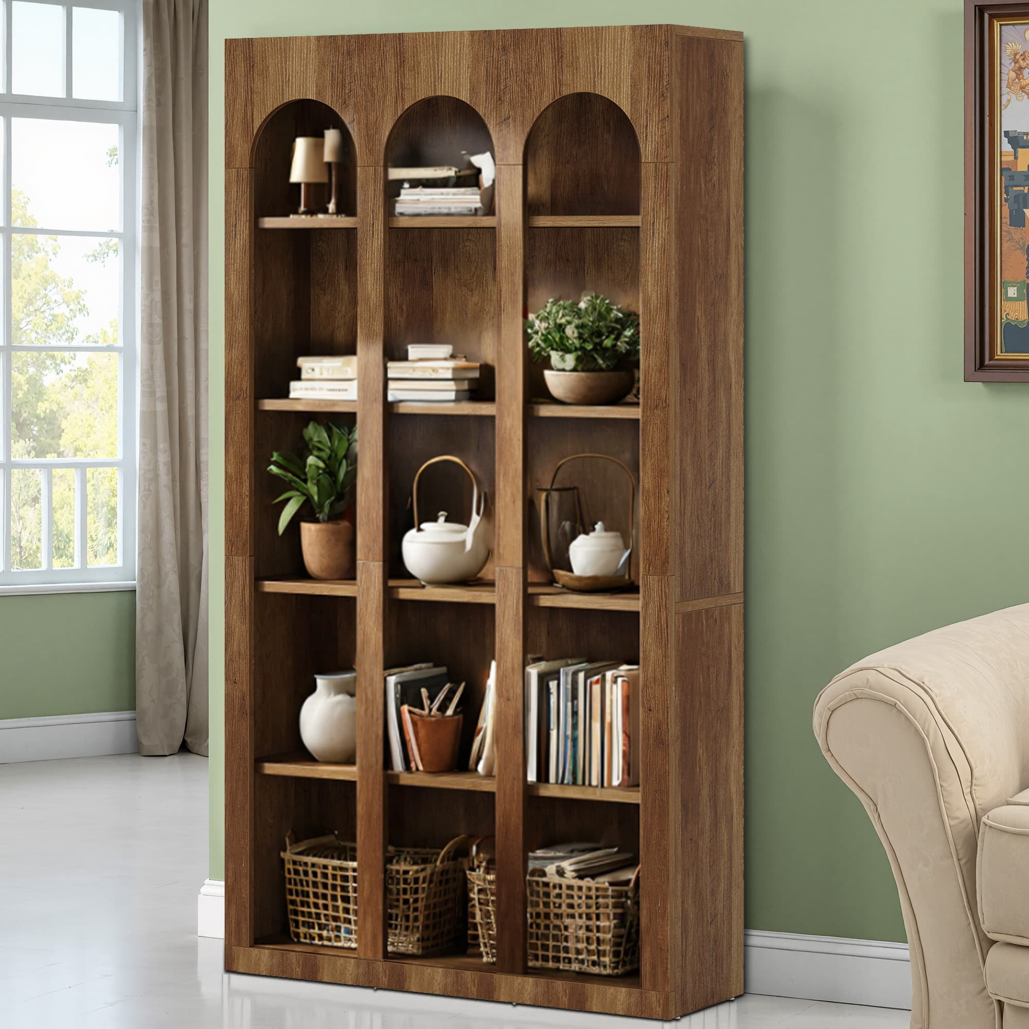 MAYEERTY Farmhouse Arched 5-Tier Tall Bookcase, 70.8" Wide Curved Top Open Display Storage Rack