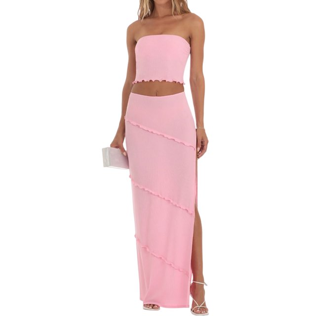 Trajes De Verano De 2 Piezas Conjunto de falda de 2 piezas para mujer, falda superior sin mangas con espalda descubierta, traje de vacaciones con abertura lateral Ygjytge Rosa S para Mujer
