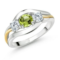 Gem Stone King 925 Sterling Silver and 10K Yellow Gold Round Green Peridot and White Moissanite Ring for Women (1.01 Cttw, Available in Size 5, 6, 7, 8, 9)