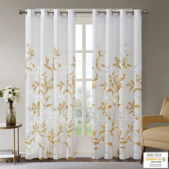 Burnout Printed Curtain Panel with Floral Pattern, Light Filtering Window Drape for Living Room Bedroom Balcony, Sheer Curtain Home Decor