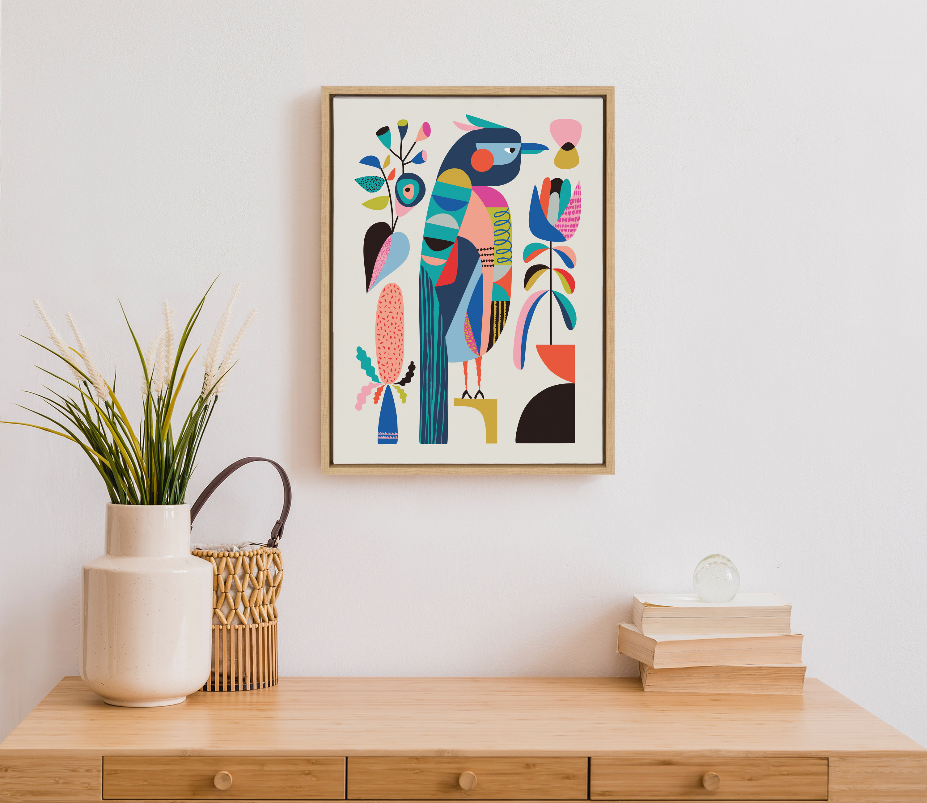 Kate and Laurel Sylvie Mid Century Modern Kookaburra Framed Canvas Wall Art  by Rachel Lee of My Dream Wall, 18x24 Natural, Abstract Animal Art for Wall 