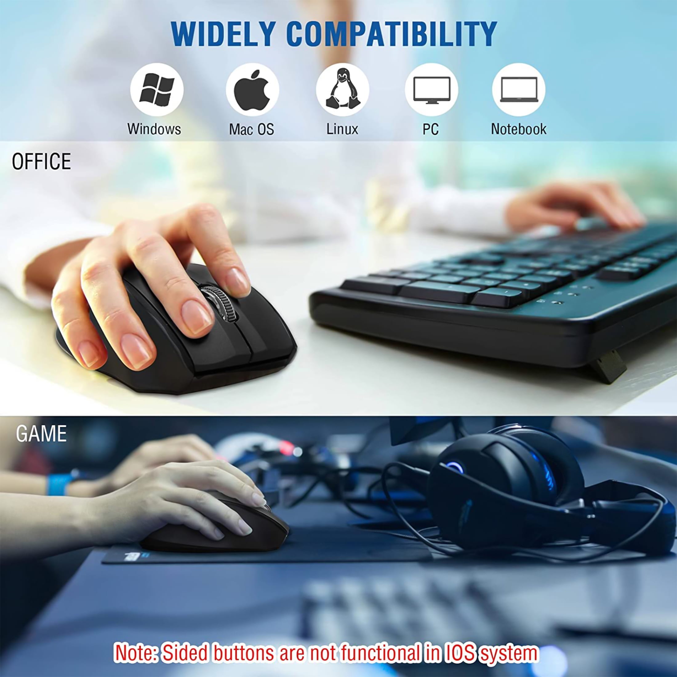 E-YOOSO Wireless Mouse, Computer Mouse 18 Months Battery Life Cordless Mouse, 5-Level 2400 DPI, 6 Button Ergo Wireless Mice, 2.4G Portable USB Wireless Mouse for Laptop, Mac, Chromebook, PC(Black)
