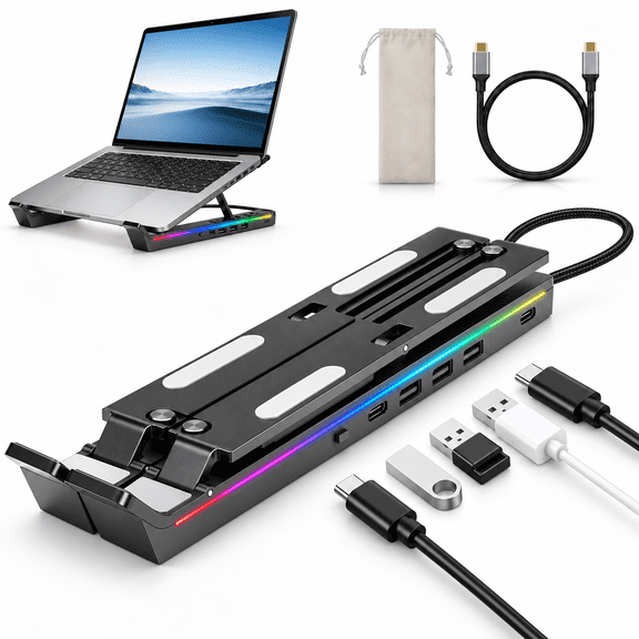 TIKBBRMG Laptop Docking Station Stand, Portable USB C Hub 5 in 1 Multiport Adapter with 3 USB Ports and Storage Bag, 12 Levels RGB Light Universal Dock Station for MacBook Pro/Air/HP/Surface/Lenovo