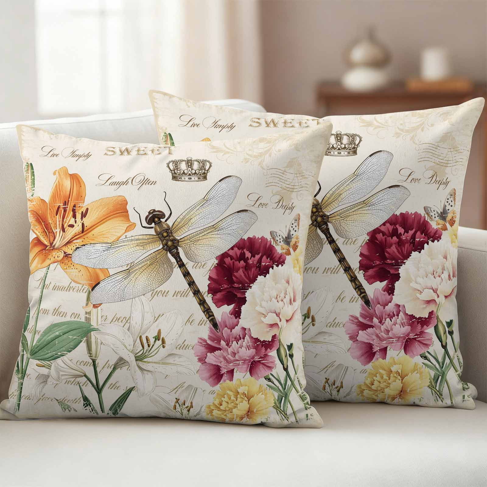 Outdoor Waterproof Pillow Covers Spring Blossom Flower Dragonfly Decorative Throw Pillow Protectors,Pillowcase Cushion Cases for Patio Sofa Garden Couch,16x16in,Pack of 2