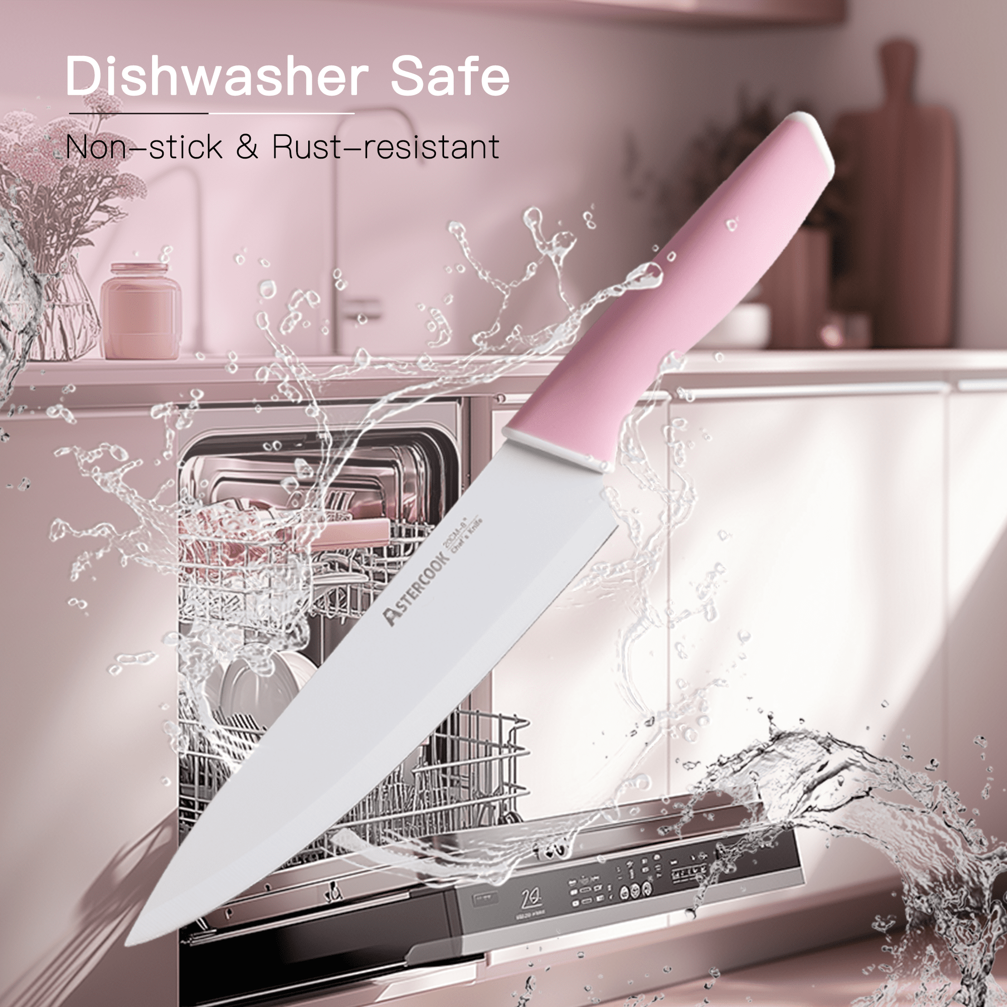 Astercook Knife Set, 14 Pieces Kitchen Knives Set with Healthy Anti-Rust Coating, Stainless Steel Knife Sets with Built-in Sharpener, Sharp & Rust Resistant Dishwasher Safe Pink