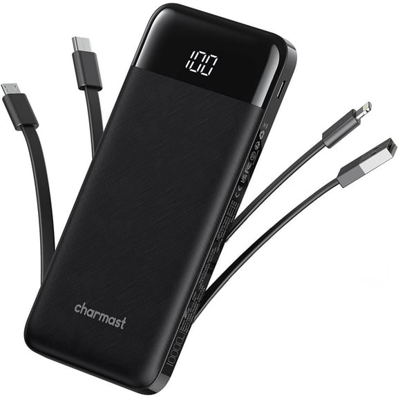Portable Charger with Built in Cables, Power Bank Cords Wires, Slim 10000mAh Travel Battery Pack 6 Outputs 3 Inputs 3A Fast Charging for Google Pixel Moto iPhone iPad