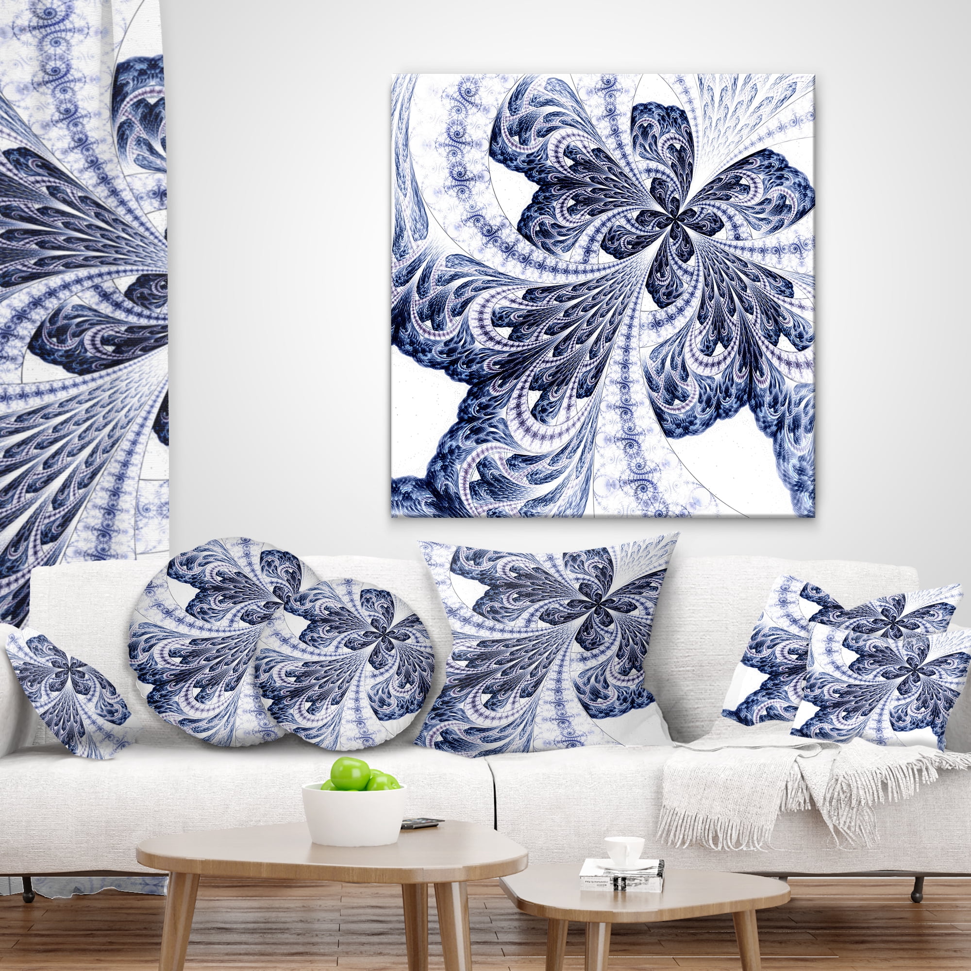 Designart Symmetrical Tight Blue Fractal Flower - Floral Throw Pillow - 18x18