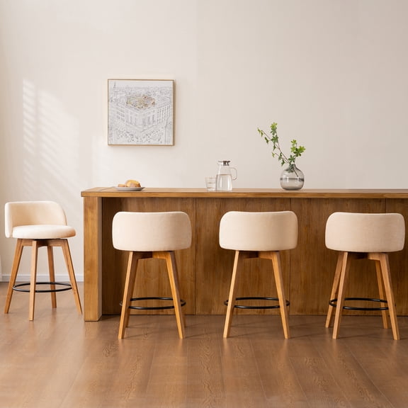 EYYTHUNG 26" Counter Height Bar Stools Set of 4 Mid Century Modern Farmhouse Swivel Barstools Chenille Fabric Upholstered, Beige