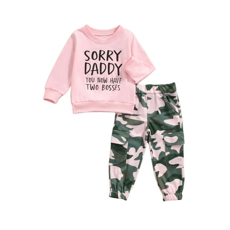 

Peyakidsaa Toddler Baby Girl Letter Print Long Sleeve Sweatshirt Camouflage Pants 2 Pcs Outfits