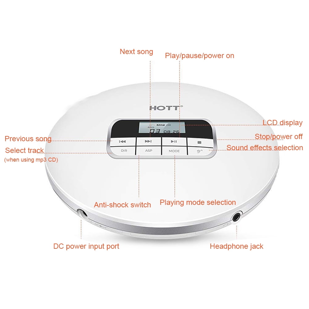 MEGICOT Portable CD Player, Personal Compact MP3/CD Player with Anti-Skip/Shockproof Protection, Compact CD Music Disc Player with LCD Display (White)
