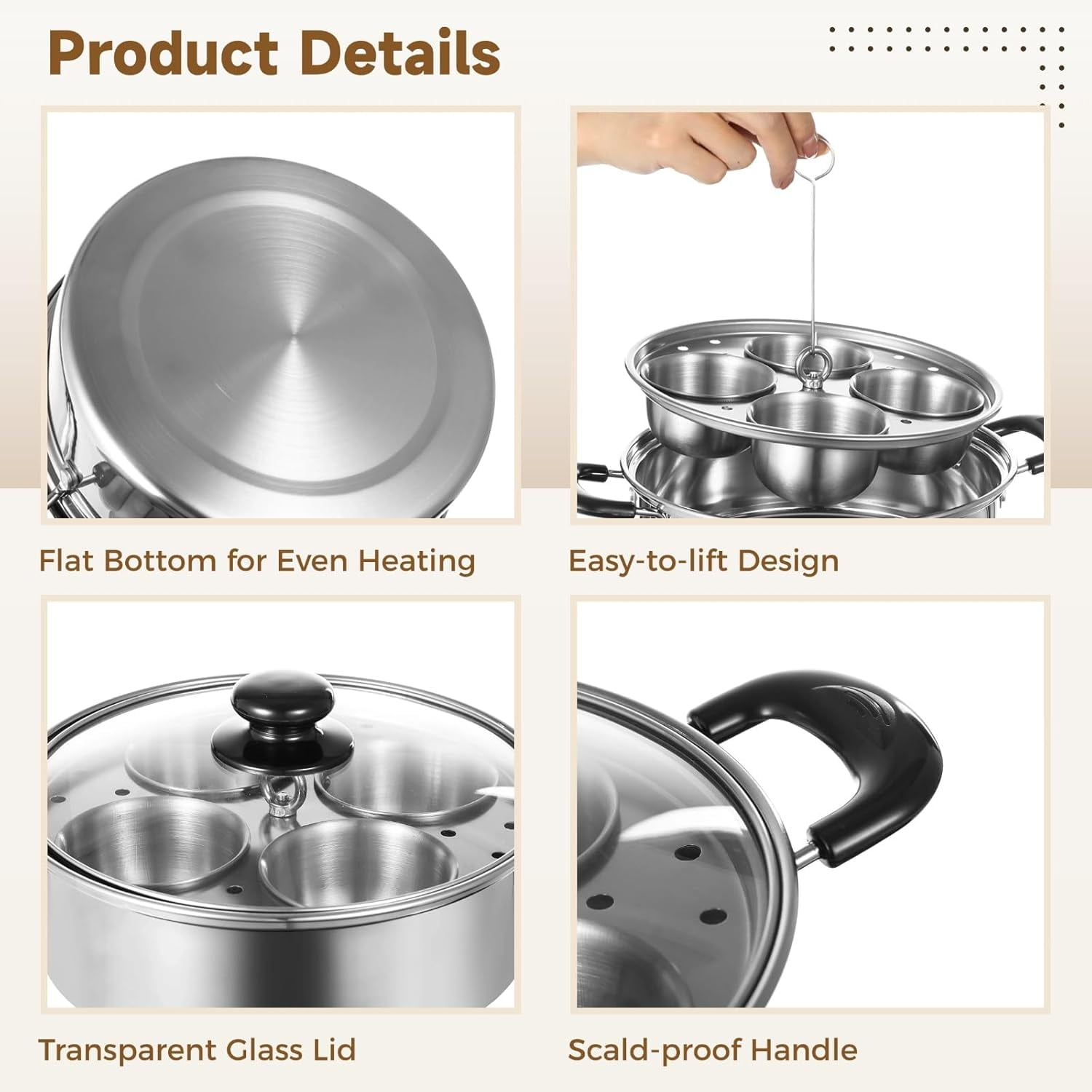 FANGNISN Egg Poacher Pan, Stainless Steel Poached Egg Maker Pan with 4 Cups Poached Egg Cooker Nonstick for Kitchen (Without Coating)