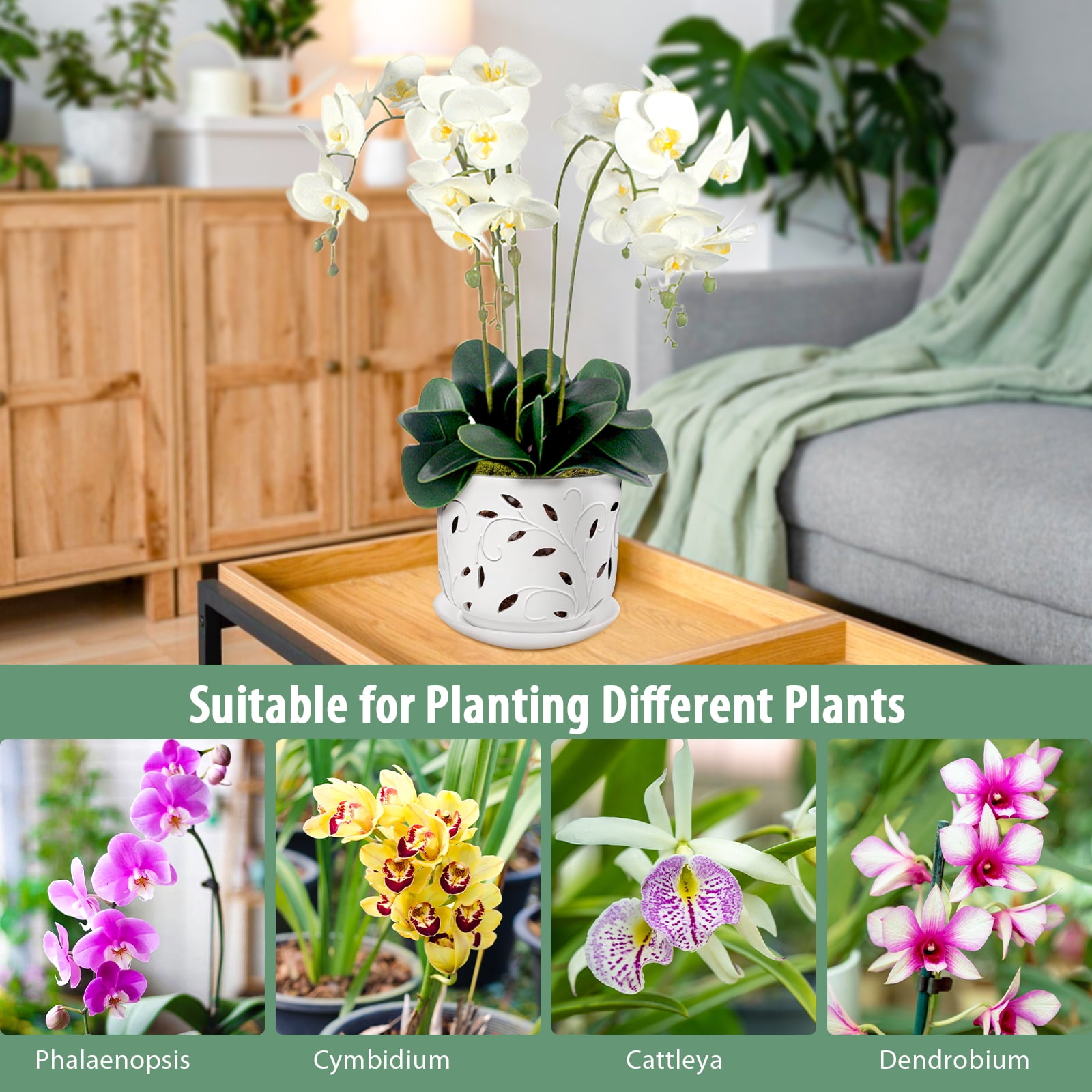 BUYMAX orchid pot, 7 inch ceramic planter with drainage holes and tray, white indoor/outdoor flower pot for orchid care and root health