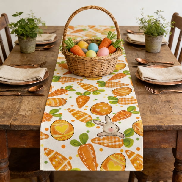 Decoraciones de Pascua, adornos de Pascua, regalos de Pascua Camino de mesa de Pascua Camino de mesa de temática primaveral con conejos y huevos de Pascua hecho de material de lino Adecuado para la de