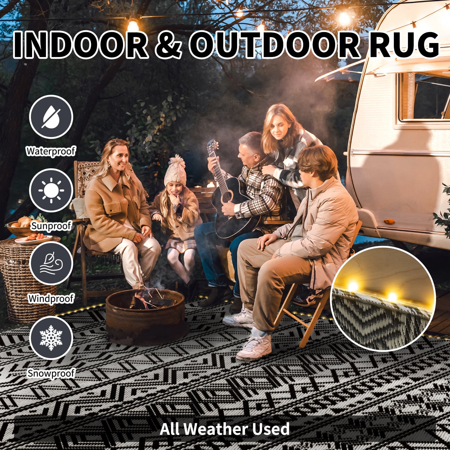 SIXHOME Outdoor Rug with LED Strip Lights 8'x10' Waterproof Reversible Patio Rug Boho Geometric Indoor Outdoor Rugs Lightweight Plastic Straw Rug for RV Camping Deck Balcony Modern Porch Decor Black