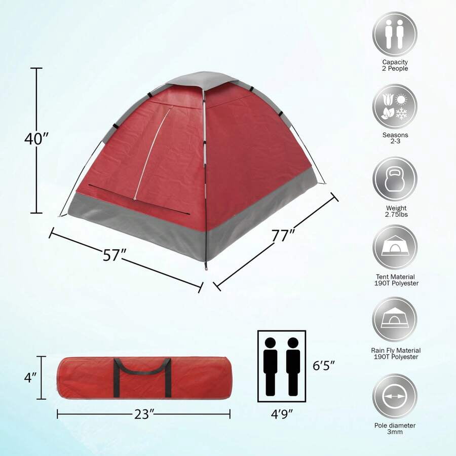 Outdoors 2-Person Camping Tent With Rain Fly & Carrying Bag, Lightweight Waterproof Outdoor Tent For Backpacking, Hiking, Beach, Travel, Red