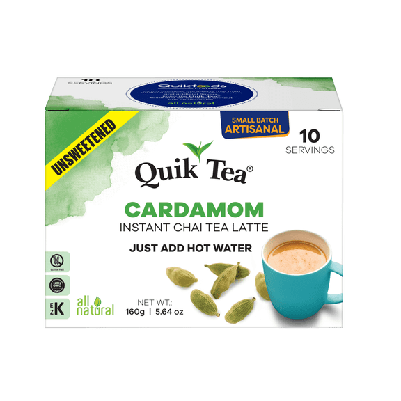 QuikTea Instant Unsweetened Cardamom Chai Tea Latte – 10 Count, warm soothing Cardamom Flavor, low Caffeine, No artificial colors, flavors or preservatives – Just Add Hot Water, gluten free, non GMO