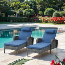 PARKWELL Set of 2 Outdoor Folding Chaise Lounge Chairs - Wicker Rattan Adjustable Recliners for Patio, Pool w/ Wide Arm and Cushions - Blue