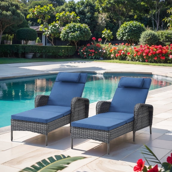 PARKWELL Set of 2 Outdoor Folding Chaise Lounge Chairs - Wicker Rattan Adjustable Recliners for Patio, Pool w/ Wide Arm and Cushions - Blue