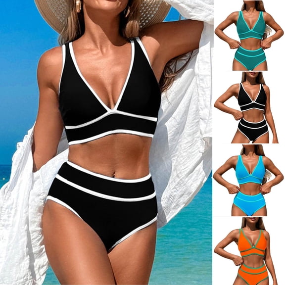 Amkhujs Bikini Set for Women 2 Piece Swimsuits V Neck Bathing Suit High Waisted Swimwear, M