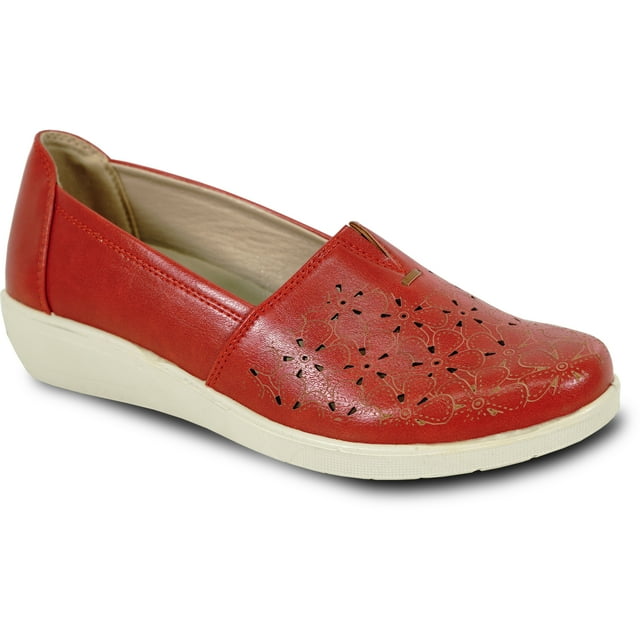 kozi Femme Confort Décontracté Chaussure Compensée à Enfiler Mocassin OY3243 Bout Rond Double Côté Gousset Semelle Intérieure Amovible Rouge Taille 7