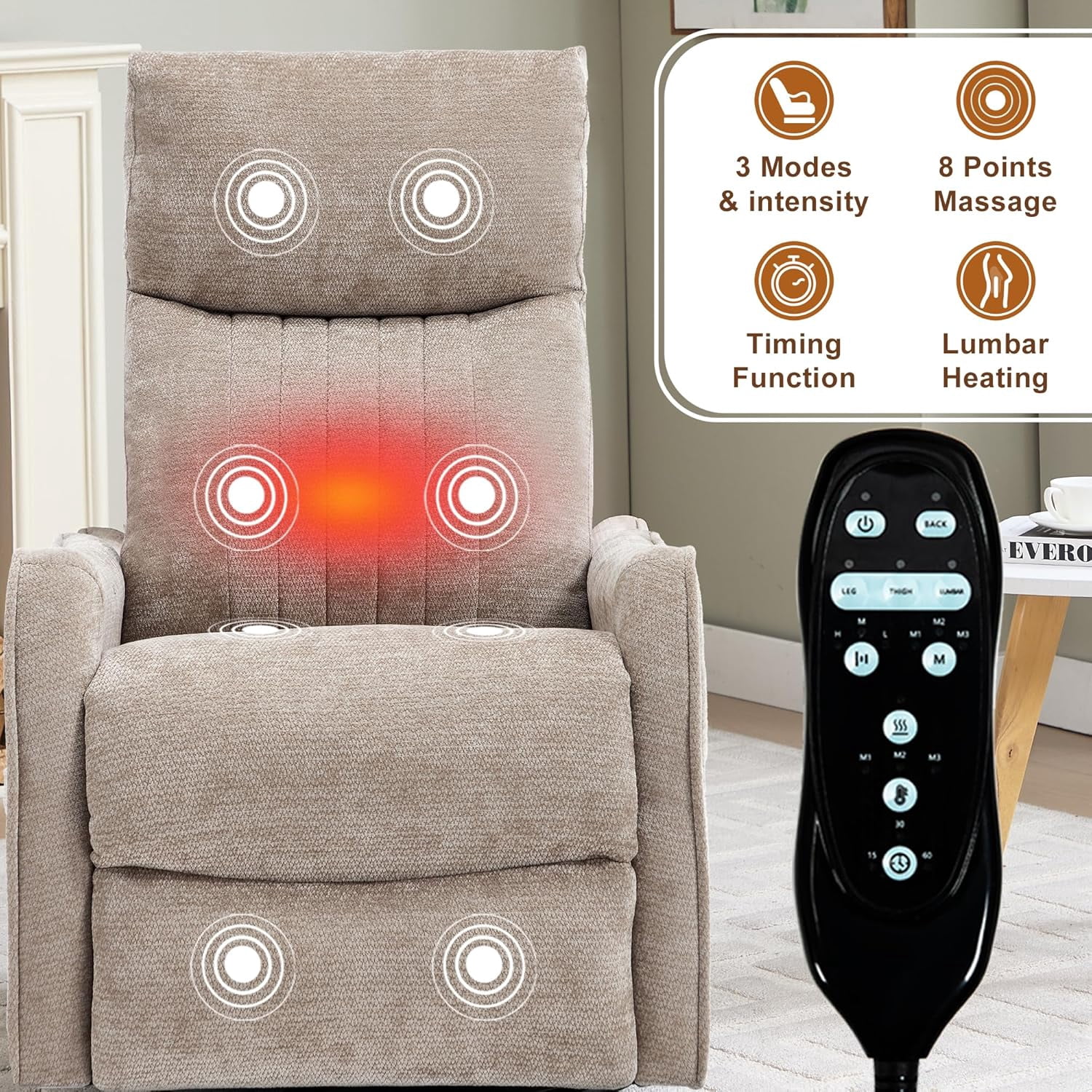 High Back Manual Recliner Chair with Heat & Massage, Swivel Rocker for Living Room Bedroom, khaki
