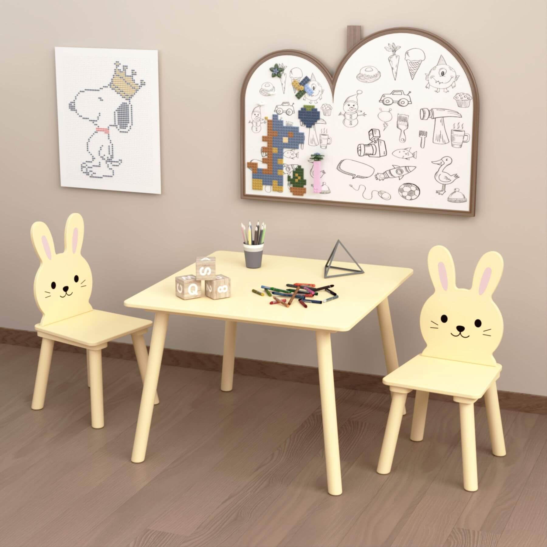 MOONRIVER Kids Table and Chair Set with 2 Bunny Chairs, Cream Yellow