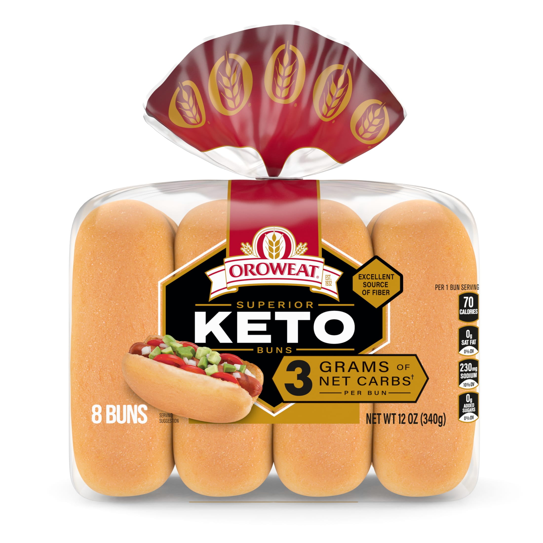 Oroweat Keto Bread, 8 count, White Hot Dog Buns, 12 oz Bag