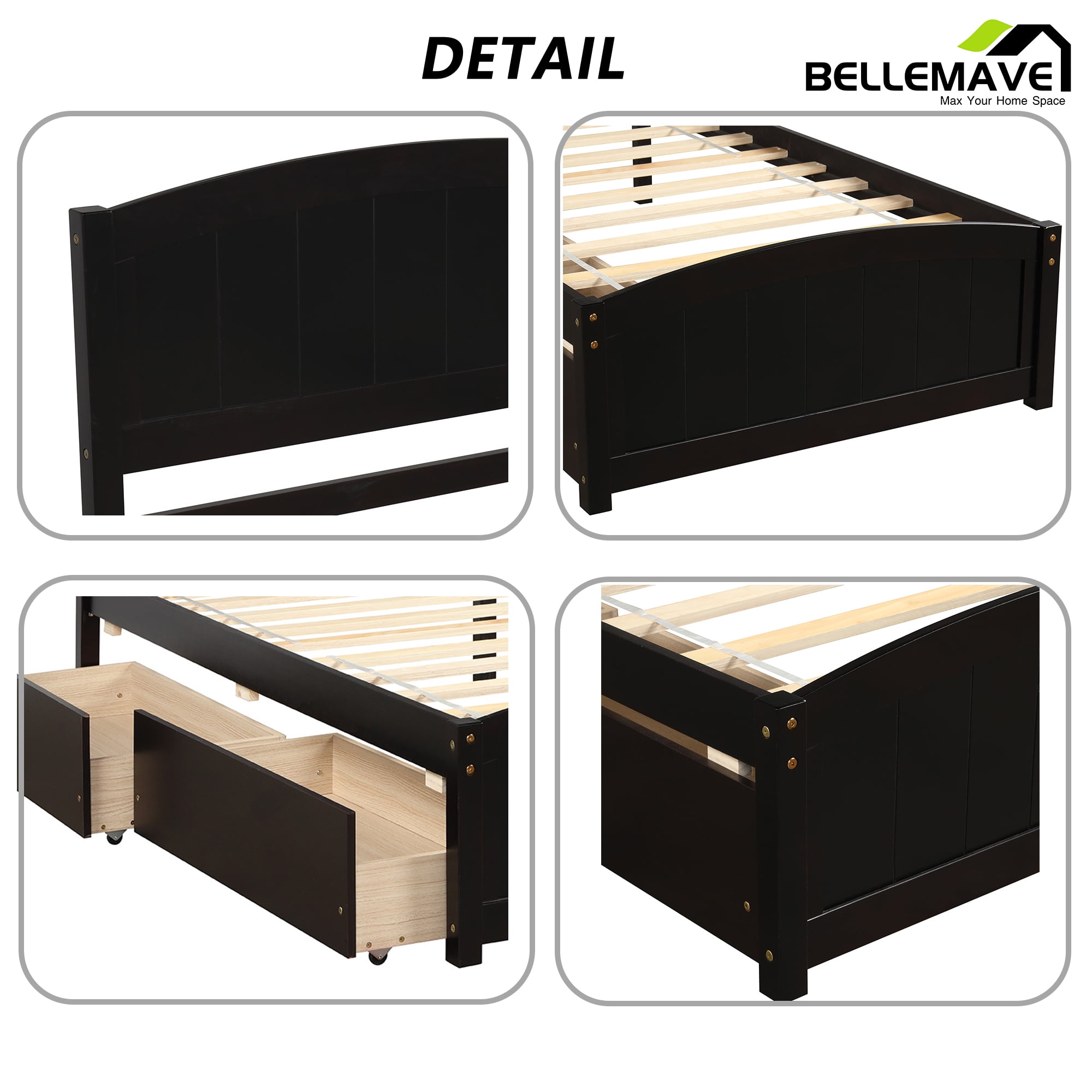 Twin Platform Bed Frame with Storage Drawer, Twin Bed Frames with Headboard and Slats, Twin Size Platform Bed Frame(Espresso)