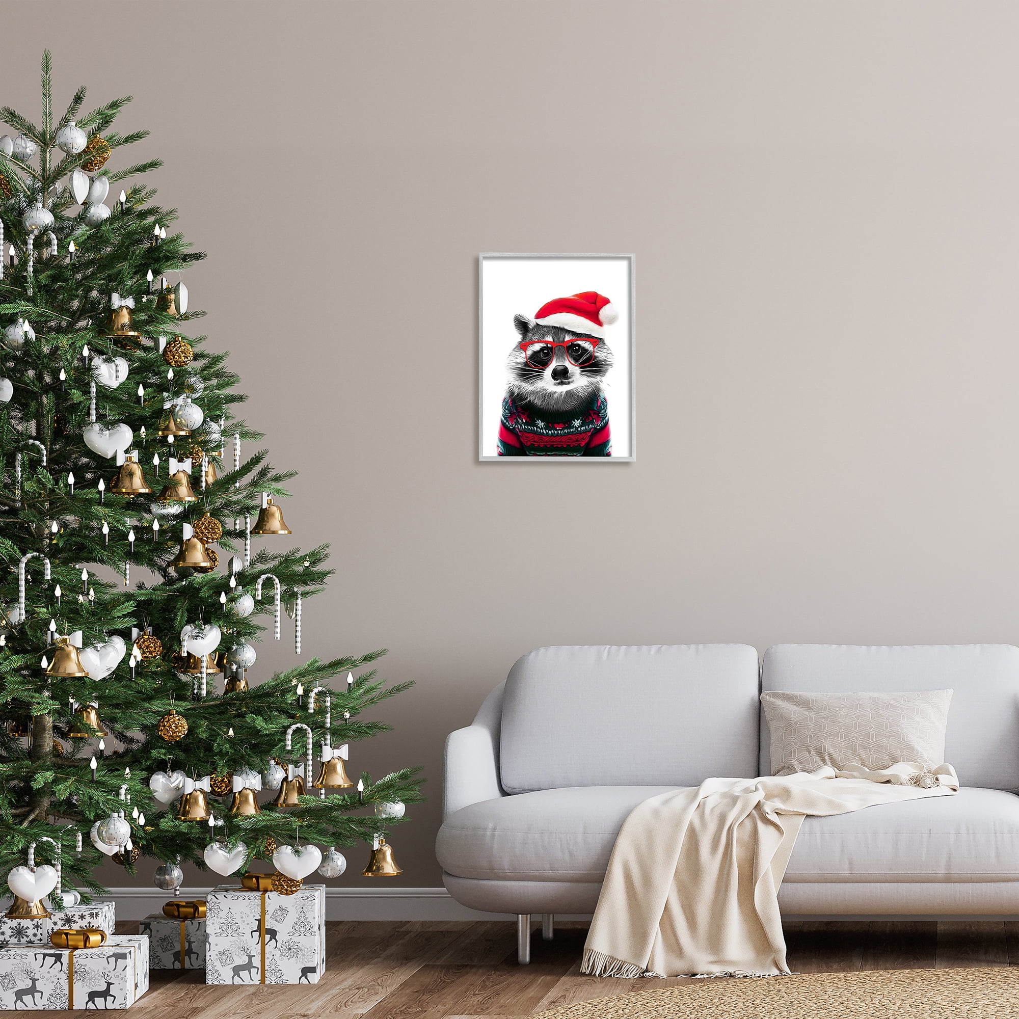 Stupell Industries Raccoon in Holiday Sweater Holiday Painting Gray Framed Art Print Wall Art, 16 x 20