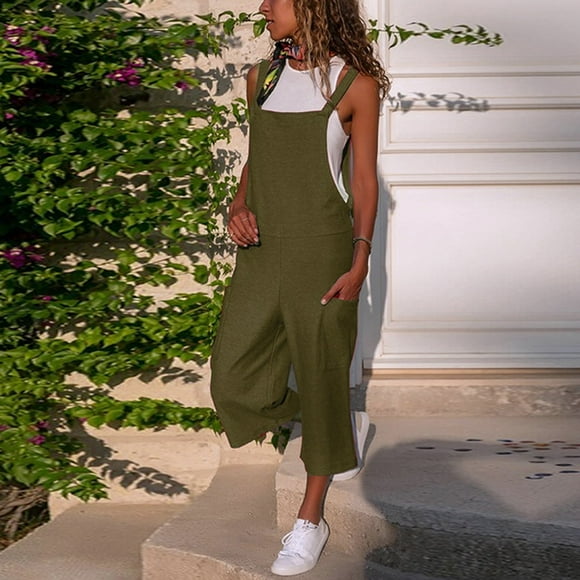 Wiyuqeen Cotton Linen Jumpsuits for Women Sleeveless Spaghetti Strap Romper Jumpers Solid Color Cropped Harem Overalls with Pockets
