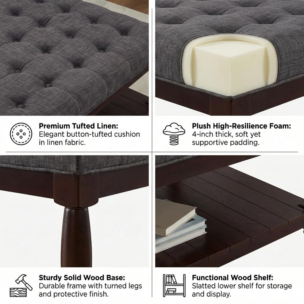 ODUWA Coffee Table Ottoman with Storage Shelf, Tufted Upholstered Footrest Stool, Solid Wood Base Accent Table for Living Room