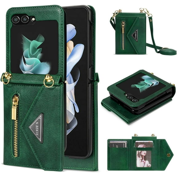 Wallet Purse for Samsung Galaxy Z Flip 5 5G Crossbody Case with Credit Card Holder Strap Lanyard Cute Women Kickstand Leather Zipper (Green, Z Flip 5)
