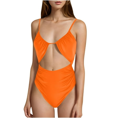 UTSJKR Womens One Piece Swimsuit Tummy Control Bathing Suit Sexy Flattering Cheeky High Cut Out Cute Ladies Swimwear Orange L