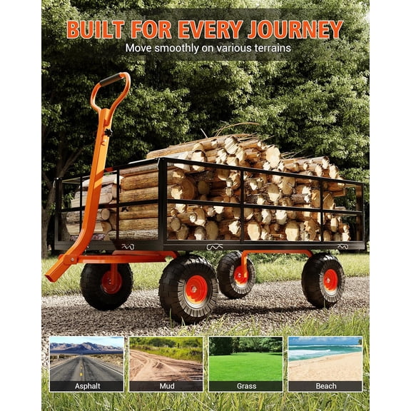 Heavy Duty Steel Garden Wagon Cart 1200lb Capacity with Removable Sides 10in Tires for Yard Lawn Farm Warehouse