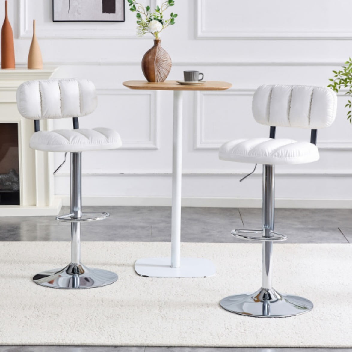 Set of 2 Adjustable Bar Stools, White PU Leather Upholstered Counter Height Chairs with Chrome Base & Footrest for Kitchen Island & Home Bar. White & Silver