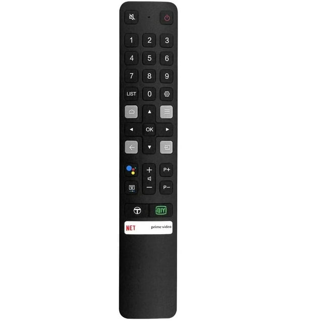 reemplace el control remoto rc901v fmr6 para 4k led android 65p725 55c716 mando IR negro de ABS, vista frontal vertical con botones numéricos, pad direccional con OK al centro, controles de volumen y canal, botones dedicados Netflix y Prime Video, botón Google Assistant y micrófono, 1 pieza, pilas no incluidas; también apto para usar como mando de repuesto universal para modelos compatibles.