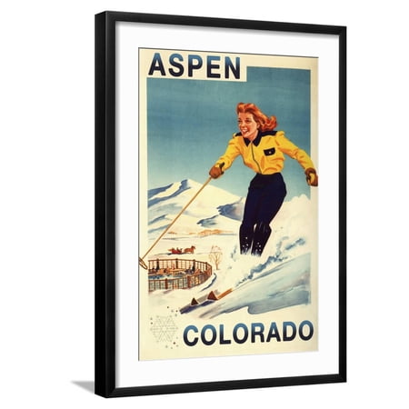 Art.com Aspen, Colorado - Red-Headed Woman Skiing Art Print by Lantern Press, Black Frame Wall Art, 21" x 29"