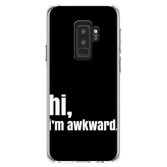 DistinctInk Clear Shockproof Hybrid Case for Samsung Galaxy S9  PLUS (6.2" Screen) - TPU Bumper, Acrylic Back, Tempered Glass Screen Protector - Black White "hi, I'm awkward."