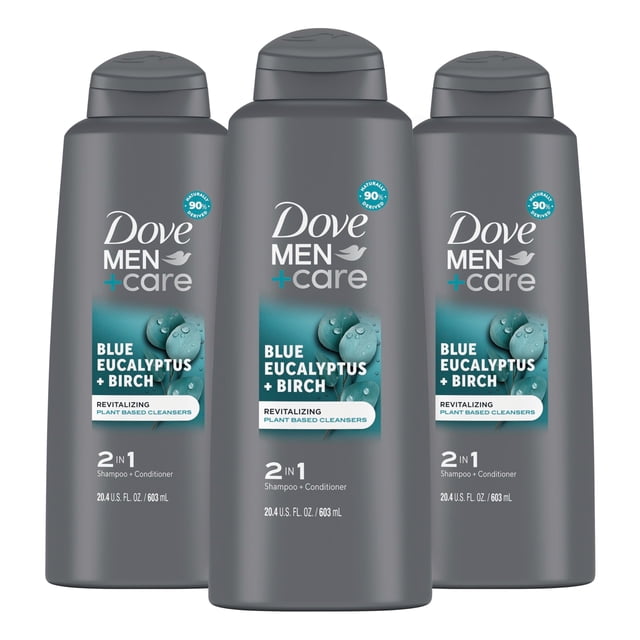 DOVE MEN + CARE 2 in 1 Shampoo Conditioner For Healthy-Looking Hair Eucalyptus + Birch Naturally Derived Plant Based Cleansers, 20.4 Fl Oz (Pack of 3)